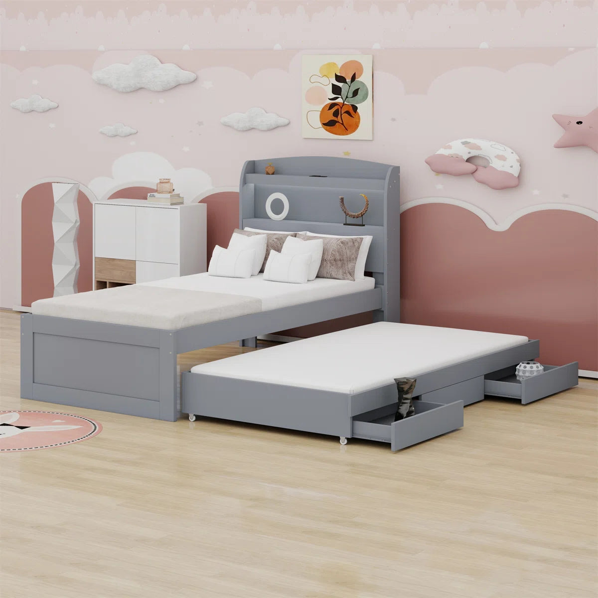 Platform Bed With Storage LED Headboard, Charging Station